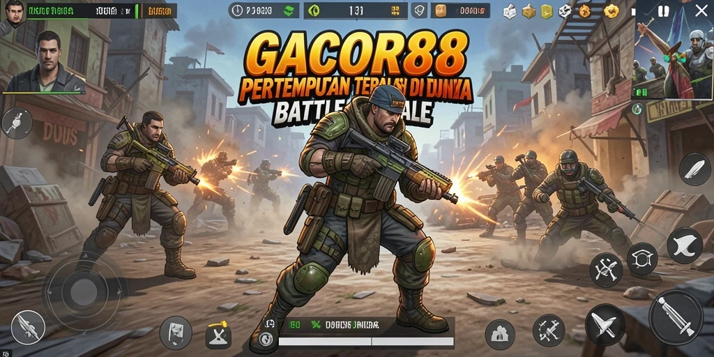 Screenshot gameplay GACOR88 menampilkan pertempuran seru di arena Battle Royale.