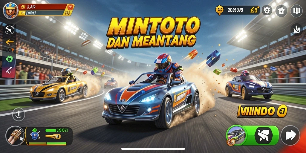 Screenshot gameplay MINTOTO menampilkan balapan seru dengan kendaraan bertenaga.