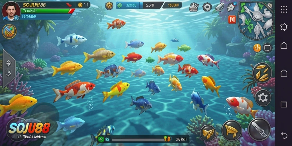 Tampilan gameplay seru dalam SOJU88 saat menembak ikan.