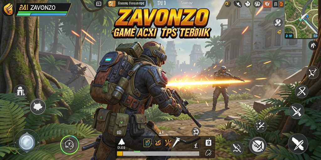 Tampilan gameplay seru dalam ZAVONZO dengan aksi TPS mendebarkan.